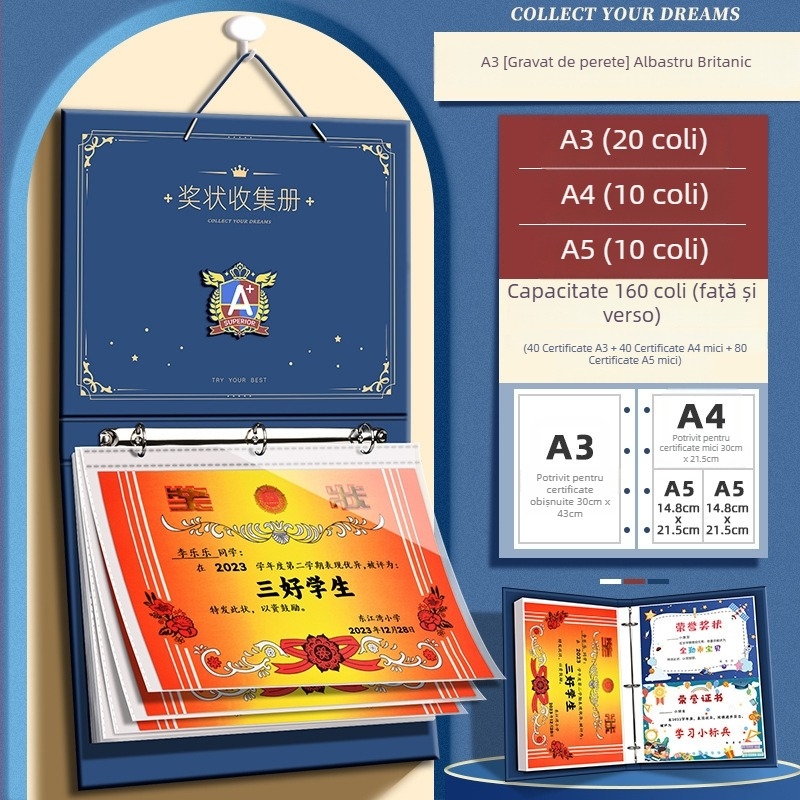 A4 Album de certificate în stil britanic pentru băieți, cu nume personalizabil, album de desene pentru școala primară, pentru montat pe perete și expunerea certificatelor de onoare