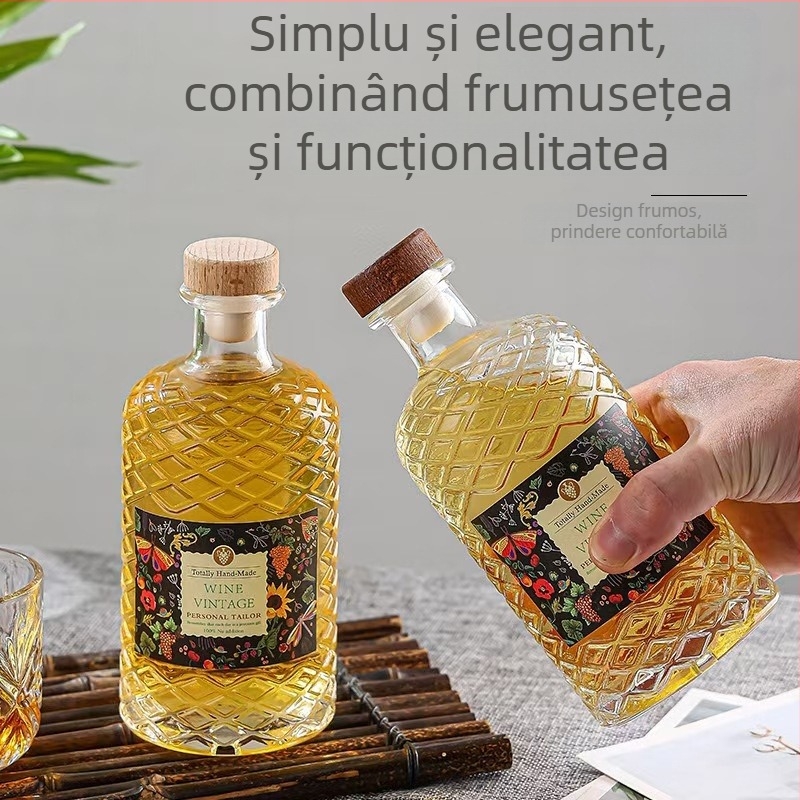 Sticlă de vin din sticlă cu model diamant, 500 ml, sigilată cu dop din plută, pentru vinuri de fructe și vin roșu de casă, sticlă goală