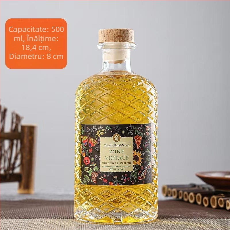 Sticlă de vin din sticlă cu model diamant, 500 ml, sigilată cu dop din plută, pentru vinuri de fructe și vin roșu de casă, sticlă goală
