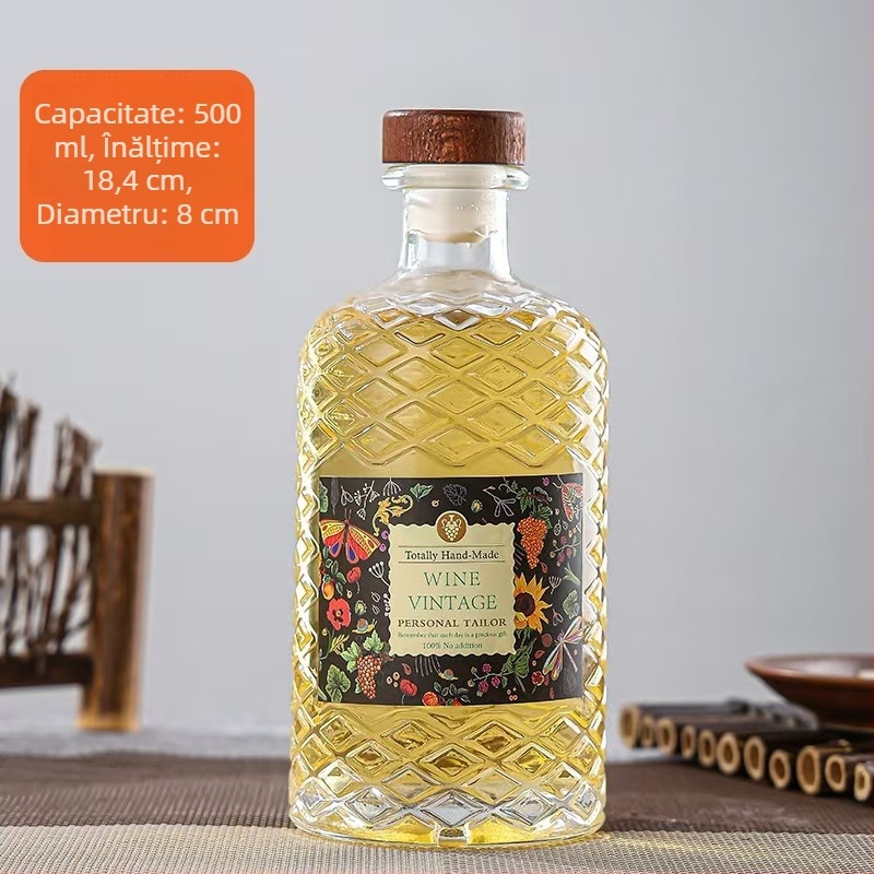 Sticlă de vin din sticlă cu model diamant, 500 ml, sigilată cu dop din plută, pentru vinuri de fructe și vin roșu de casă, sticlă goală