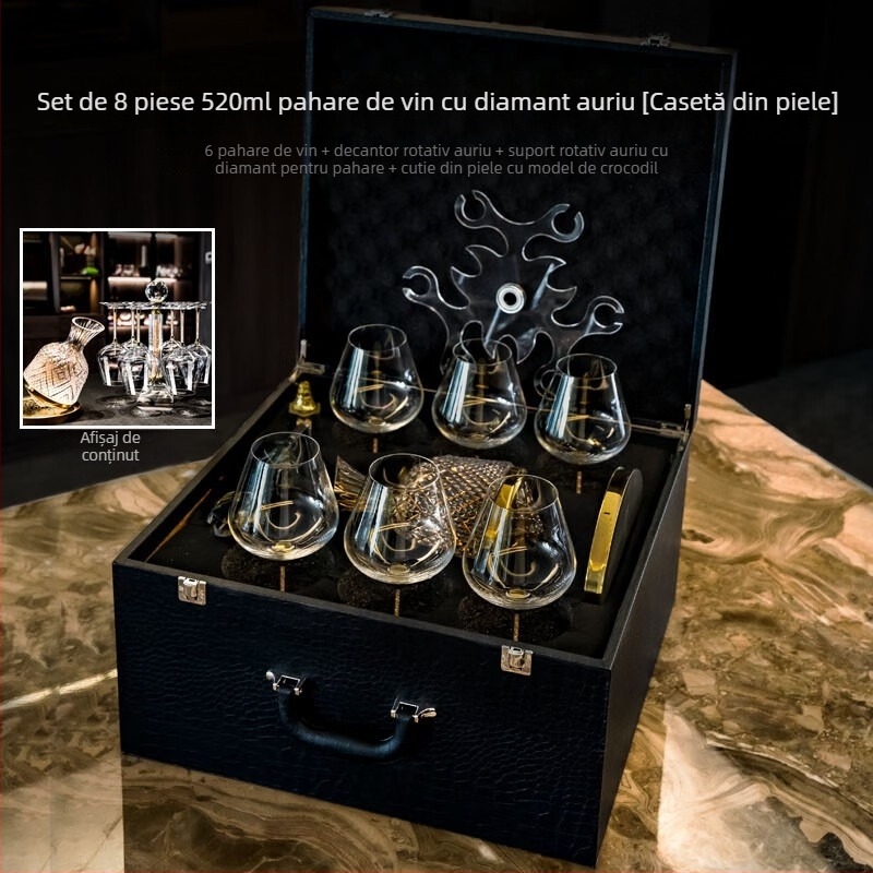 Set de pahare pentru vin burgund într-o cutie din piele, cu decantor rotativ și pahare decorate cu diamante