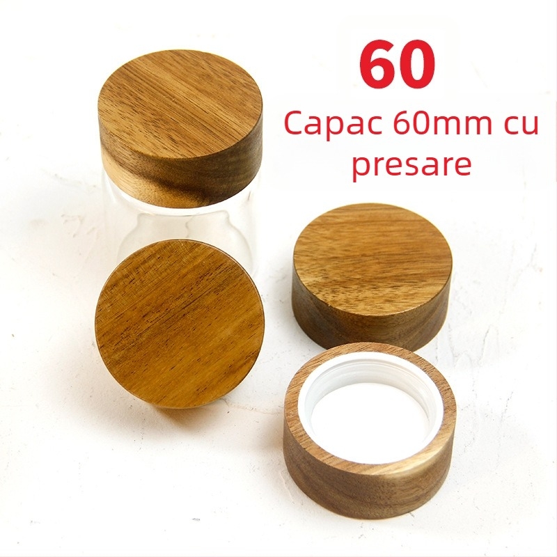 Capac din lemn de salcâm pentru borcan alimentar, borcan sigilat cu capac filet, sticlă, lemn masiv