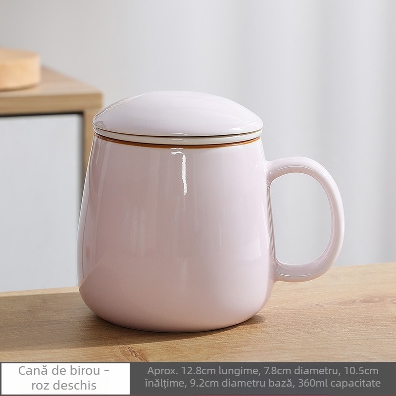 Cană de ceai cu filtru și capac, design simplu, cană de birou personală pentru femei