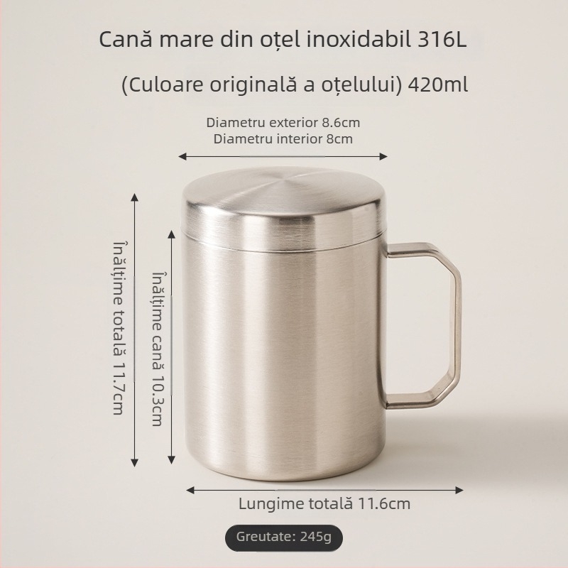 Cană din oțel inoxidabil 316L cu capac, pentru uz casnic și de birou, cană izolată pentru cafea, cu bază mai groasă