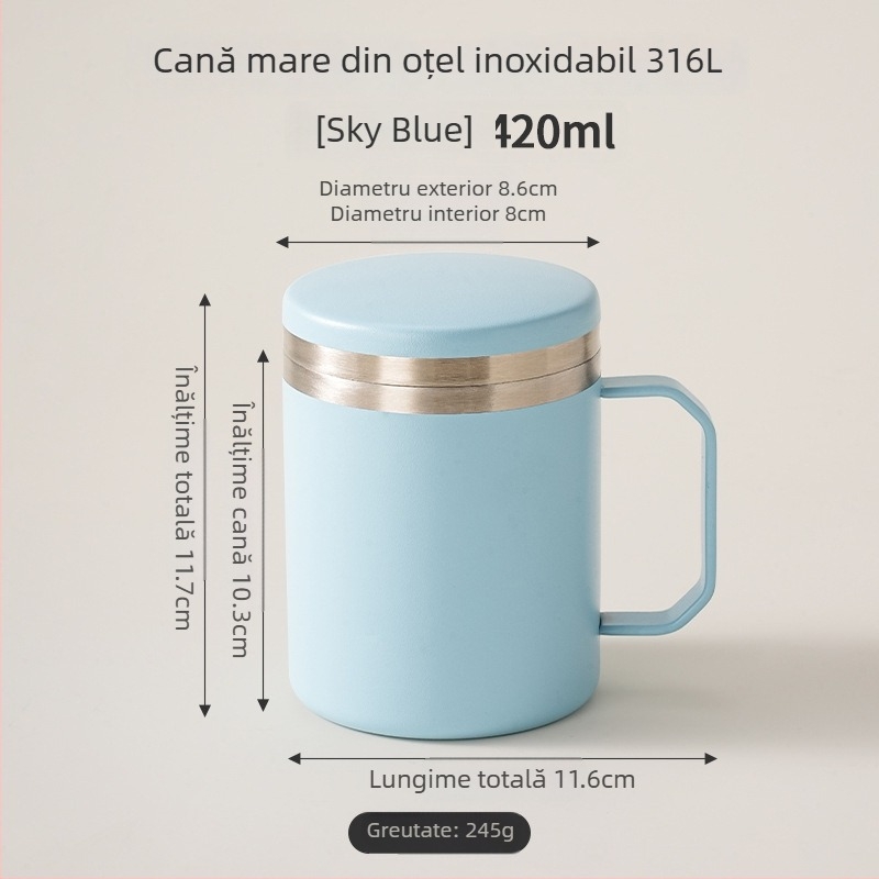 Cană din oțel inoxidabil 316L cu capac, pentru uz casnic și de birou, cană izolată pentru cafea, cu bază mai groasă