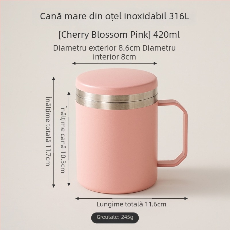 Cană din oțel inoxidabil 316L cu capac, pentru uz casnic și de birou, cană izolată pentru cafea, cu bază mai groasă
