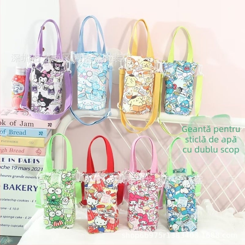 Desen animat japonez în stil japonez cu Kuromi monstru pește, geantă din pânză pentru sticla de apă, curea crossbody și mâner, utilizare duală pentru ieșiri