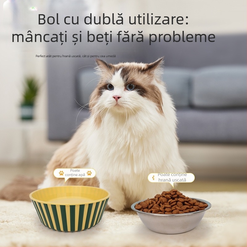 Vas de hrănire pentru animale de companie, antiderapant, dungat, tri-culoare, pentru câini și pisici