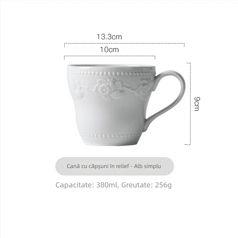 Ceașcă ceramică cu relief, design elegant, stil franțuzesc pentru cupluri, ceașcă de mic dejun