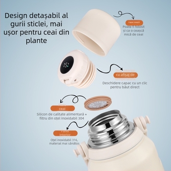 Termos din oțel inoxidabil 316, cu compartiment pentru ceai și divizor, capacitate mare, pentru exterior, cu mâner și afișaj de temperatură
