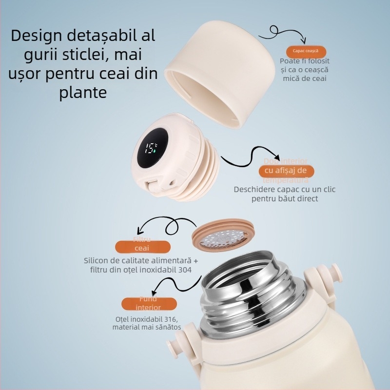 Termos din oțel inoxidabil 316, cu compartiment pentru ceai și divizor, capacitate mare, pentru exterior, cu mâner și afișaj de temperatură