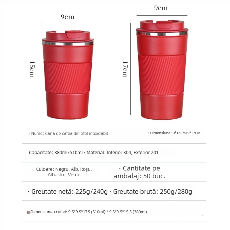 Ceașcă de cafea din oțel inoxidabil 304, stil american, izolată cu husă din silicon, portabilă pentru mașină și birou