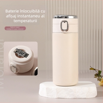 Termos din oțel inoxidabil inteligent, cu capac pop-up, baterie înlocuibilă și afișaj de temperatură