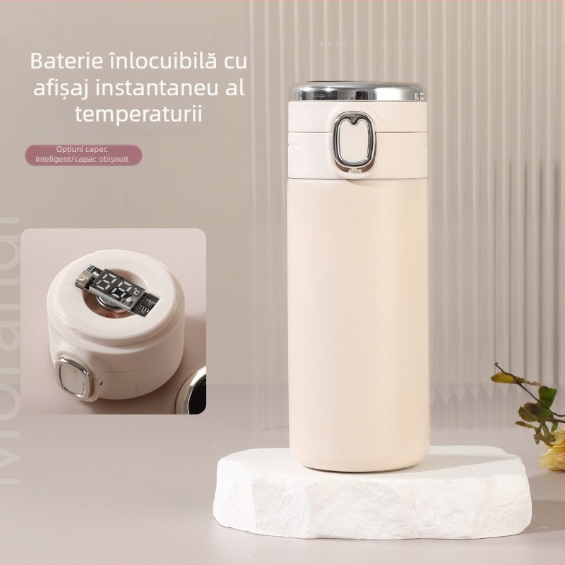 Termos din oțel inoxidabil inteligent, cu capac pop-up, baterie înlocuibilă și afișaj de temperatură