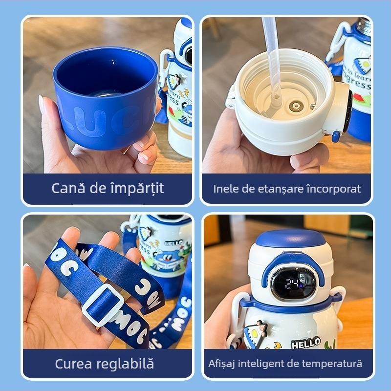 Cupe termice pentru copii cu mâner, afișaj temperatură, oțel inox, pai, pentru băieți și fete, set cadou 2025