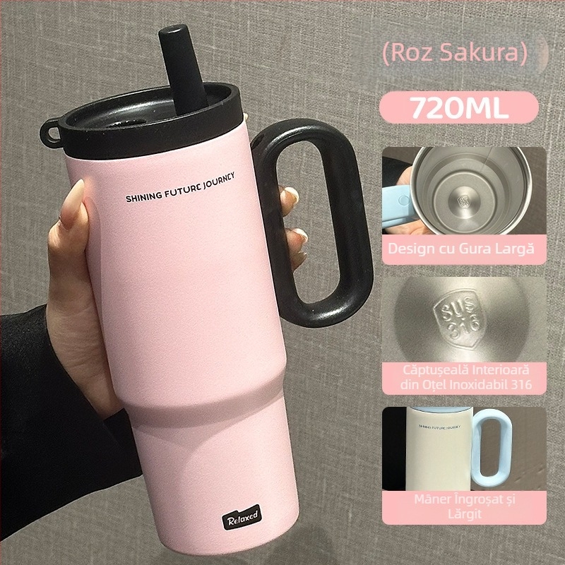 Cană termică pentru cafea din oțel inoxidabil 316, capacitate mare, pentru exterior, cu capac și pai