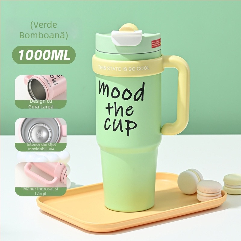 Cană termică pentru cafea din oțel inoxidabil 316, capacitate mare, pentru exterior, cu capac și pai