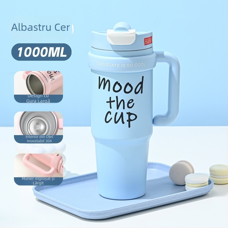 Cană termică pentru cafea din oțel inoxidabil 316, capacitate mare, pentru exterior, cu capac și pai