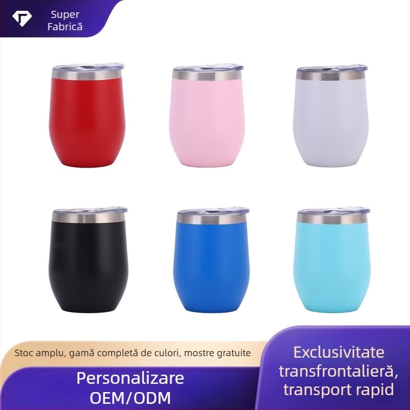 Cană izolată de 12 oz, interior din oțel inoxidabil 304, exterior din oțel inoxidabil 201, formă de ou, pahar de vin în formă U, personalizabil