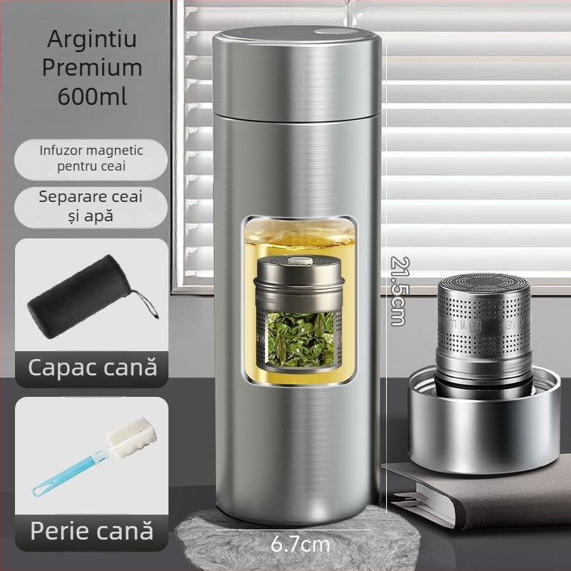 Cană termos din oțel inoxidabil 316, magnetică, cu separare a ceaiului, potrivită pentru mașină și birou, capac ușor de deschis