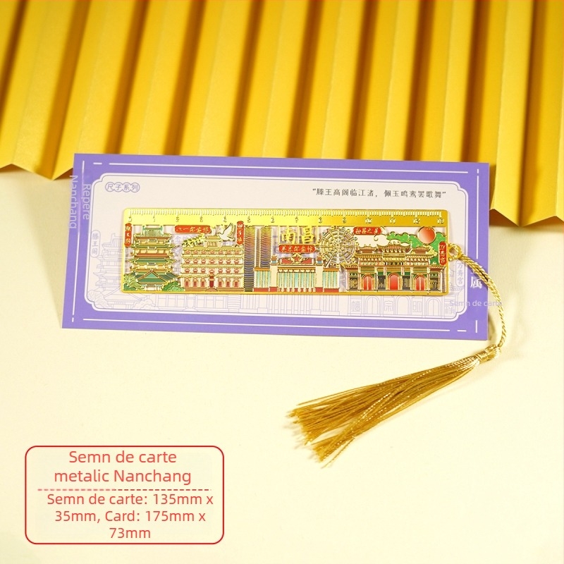 Semn de carte din metal cu riglă, tematică urbană, stilul Orașului Interzis, cu ciucuri