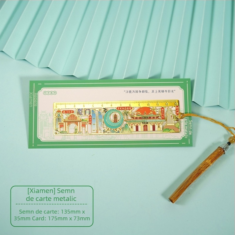 Semn de carte din metal cu riglă, tematică urbană, stilul Orașului Interzis, cu ciucuri