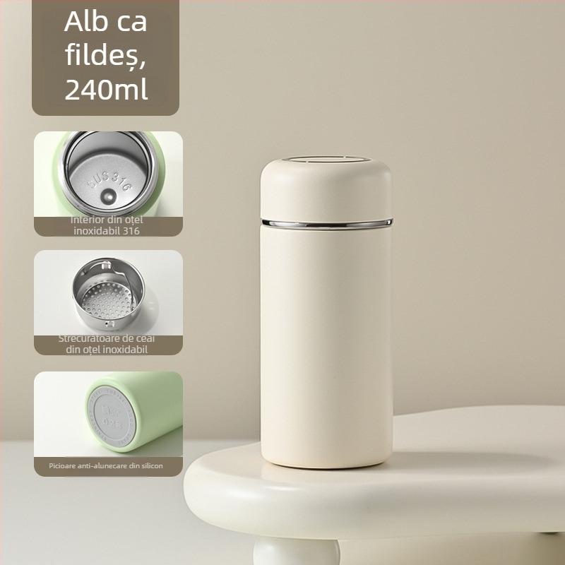 Termos din oțel inoxidabil 316, mic, pentru femei, cu mâner — cană de ceai compactă cu compartiment pentru ceai