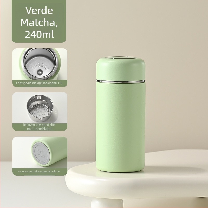 Termos din oțel inoxidabil 316, mic, pentru femei, cu mâner — cană de ceai compactă cu compartiment pentru ceai