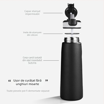 Cană izolantă nouă, jucăușă, cu pai, interior din oțel inoxidabil 316, portabilă