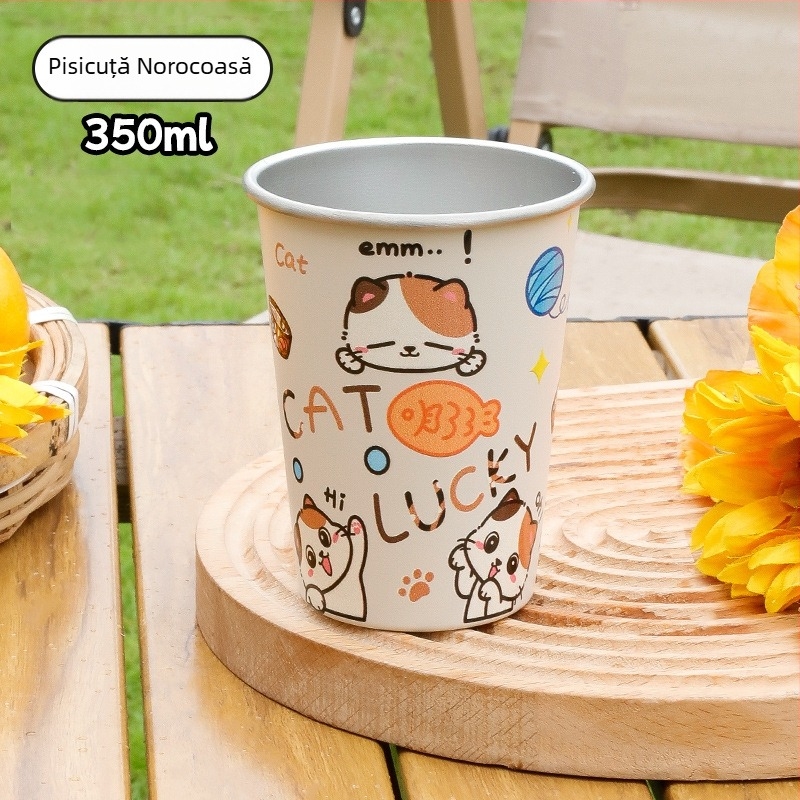 Cană de apă în stil desen animat pentru camping, oțel inoxidabil 304, exterior cu un singur strat, pentru picnic, bere, ceai sau cafea lângă foc