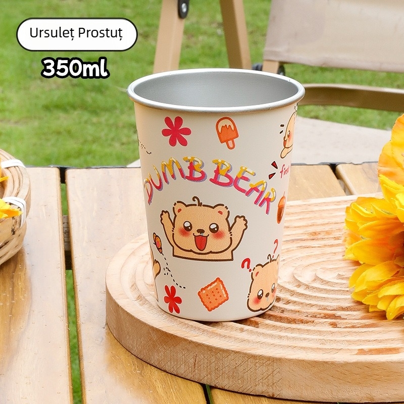 Cană de apă în stil desen animat pentru camping, oțel inoxidabil 304, exterior cu un singur strat, pentru picnic, bere, ceai sau cafea lângă foc