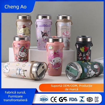 Ceașcă drăguță de cafea cu desene animate, din oțel inoxidabil 304, interior 304, exterior 201, termos izolat cu pai, capacitate mare, pentru mașină