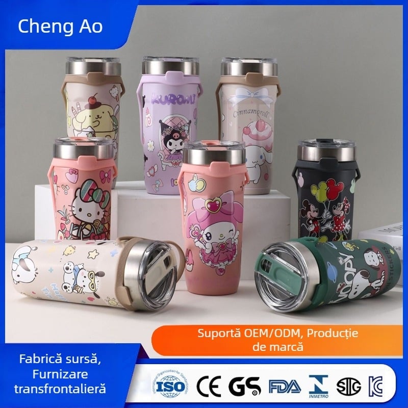 Ceașcă drăguță de cafea cu desene animate, din oțel inoxidabil 304, interior 304, exterior 201, termos izolat cu pai, capacitate mare, pentru mașină