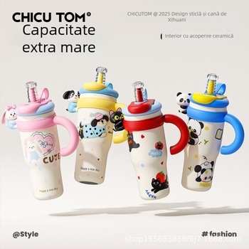 Cană termoizolantă cu pai, model nou 2026, design feminin, capacitate mare, pahar ceramic