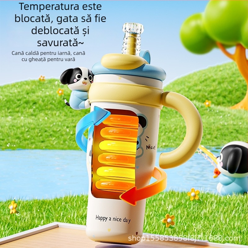 Cană termoizolantă cu pai, model nou 2026, design feminin, capacitate mare, pahar ceramic