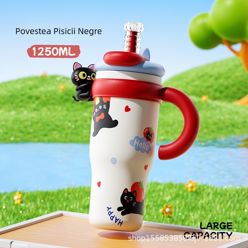 Cană termoizolantă cu pai, model nou 2026, design feminin, capacitate mare, pahar ceramic
