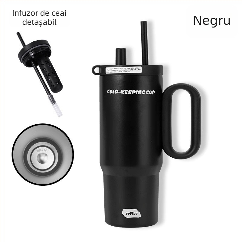 Termos din oțel inoxidabil 316, izolare termică, capacitate 25 oz, cu pai, mâner și compartiment pentru ceai