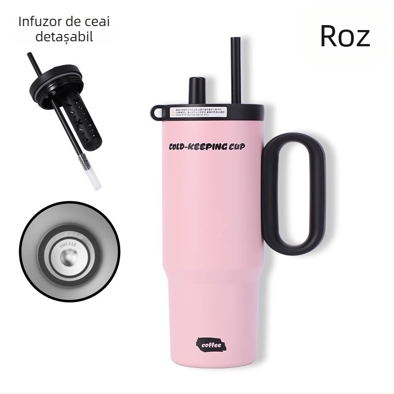 Termos din oțel inoxidabil 316, izolare termică, capacitate 25 oz, cu pai, mâner și compartiment pentru ceai