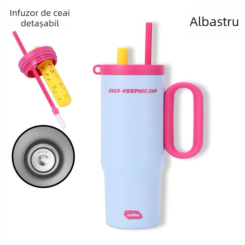 Termos din oțel inoxidabil 316, izolare termică, capacitate 25 oz, cu pai, mâner și compartiment pentru ceai