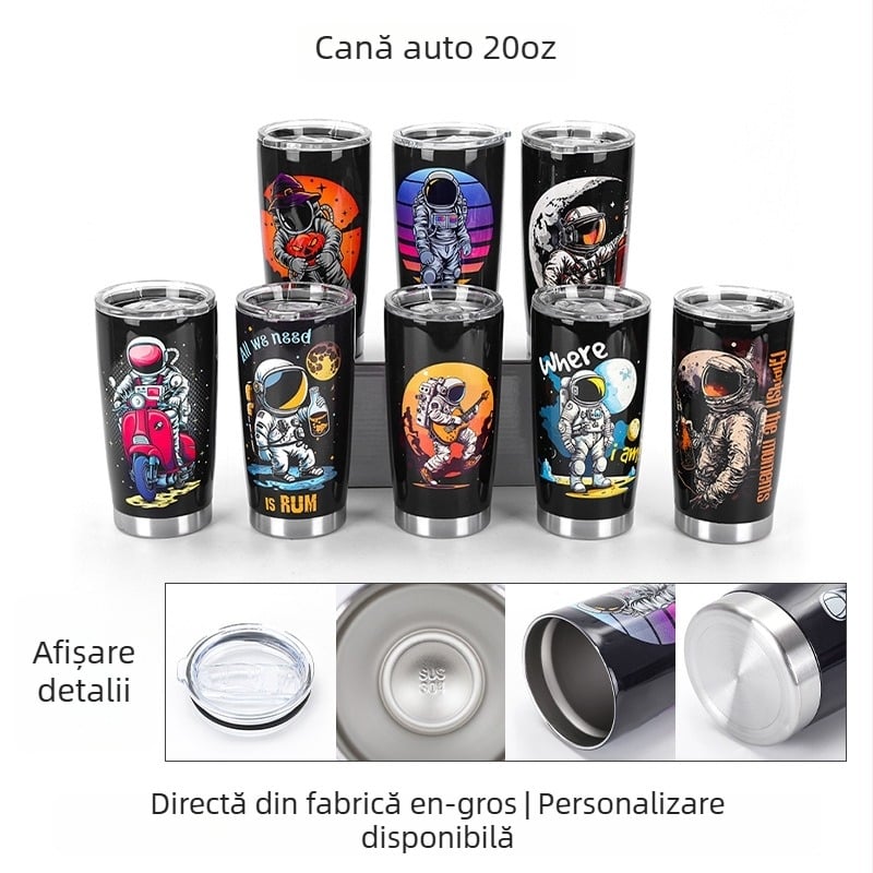 Căniță termică creativă pentru mașină, 20 oz, seria Astronaut, interior din oțel inoxidabil 304, exterior din oțel inoxidabil 201