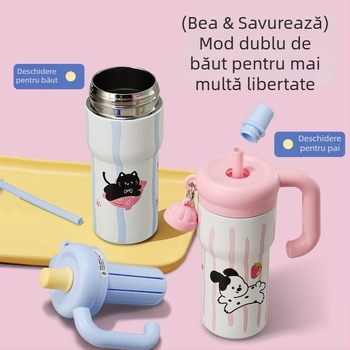 Termos cu mâner, design desen animat cu pisicuță, cană izolată pentru exterior, capacitate mare