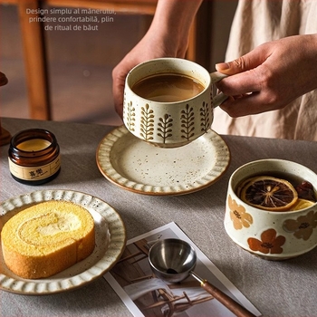 Set cafea din ceramică vintage cu farfurie — lux discret, design premium