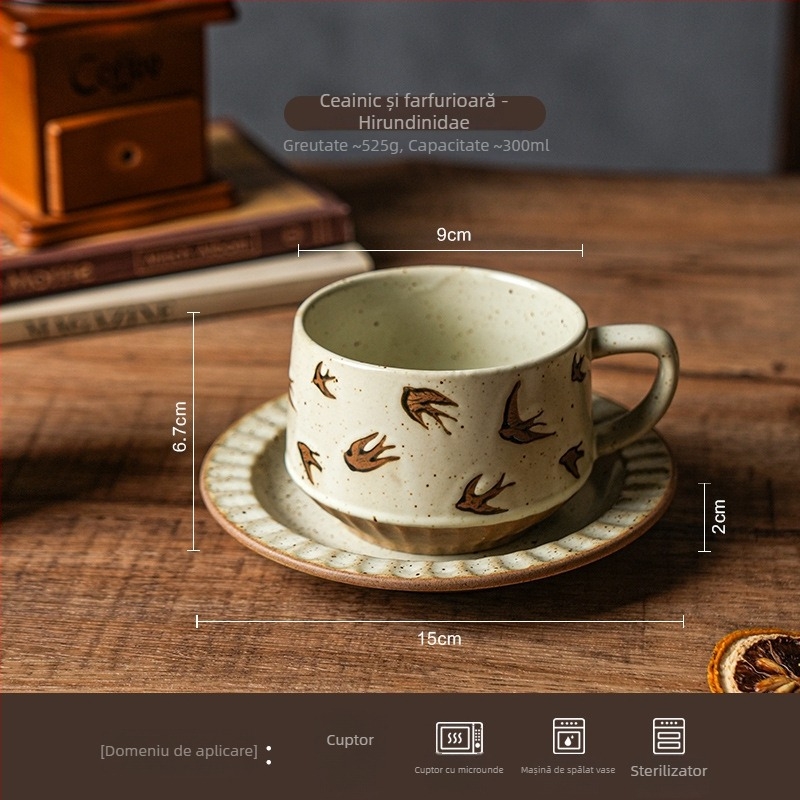 Set cafea din ceramică vintage cu farfurie — lux discret, design premium
