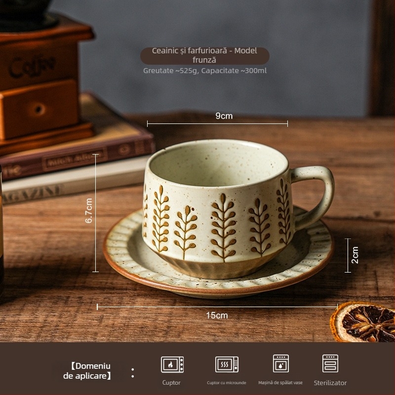 Set cafea din ceramică vintage cu farfurie — lux discret, design premium
