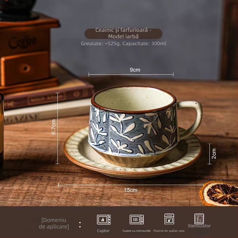 Set cafea din ceramică vintage cu farfurie — lux discret, design premium