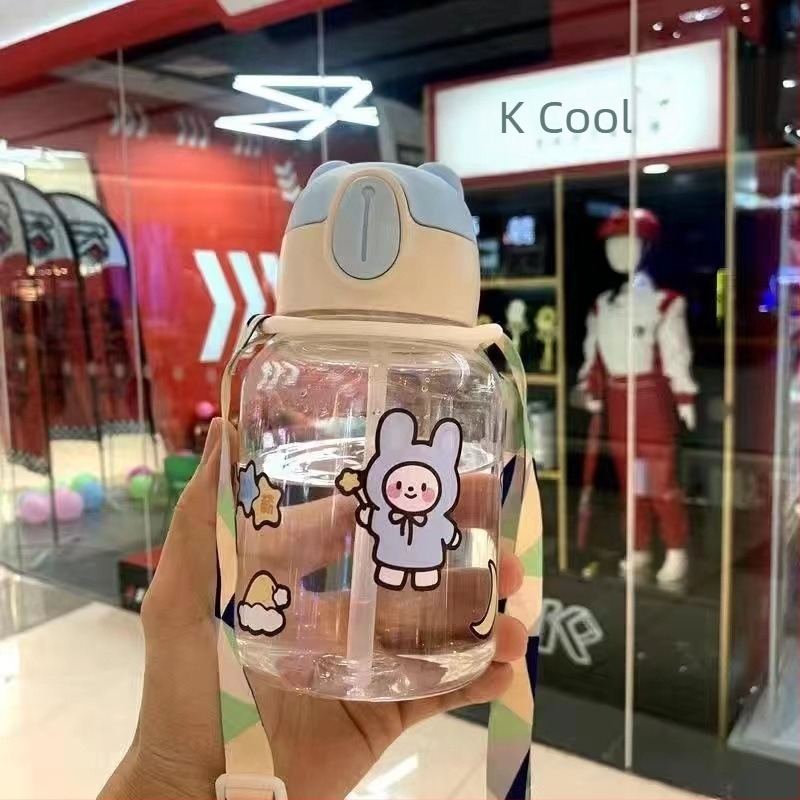 Pahar de apă pentru copii pentru școală – vas plastic drăguț cu pai, design cu corp lat, pentru fete din învățământul primar