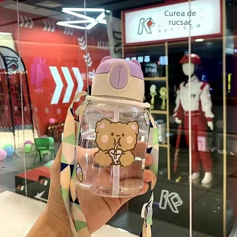 Pahar de apă pentru copii pentru școală – vas plastic drăguț cu pai, design cu corp lat, pentru fete din învățământul primar