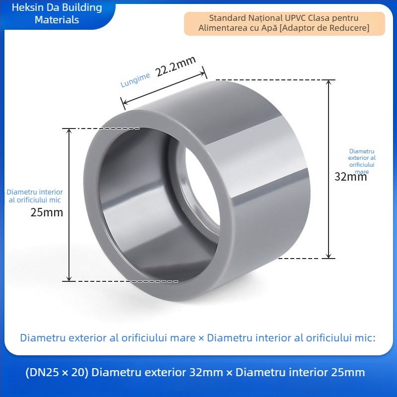 Fiting reductor UPVC pentru alimentarea cu apă, cu umplutură de nucleu, culoare gri deschis, rezistent la acizi și baze, 25×20 mm
