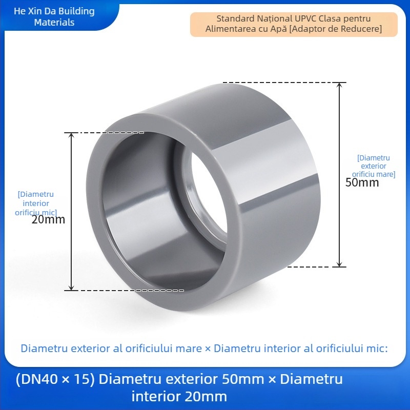 Fiting reductor UPVC pentru alimentarea cu apă, cu umplutură de nucleu, culoare gri deschis, rezistent la acizi și baze, 25×20 mm