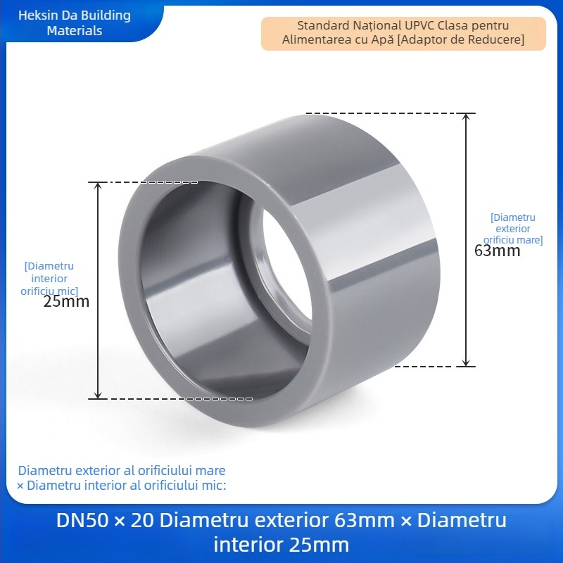 Fiting reductor UPVC pentru alimentarea cu apă, cu umplutură de nucleu, culoare gri deschis, rezistent la acizi și baze, 25×20 mm